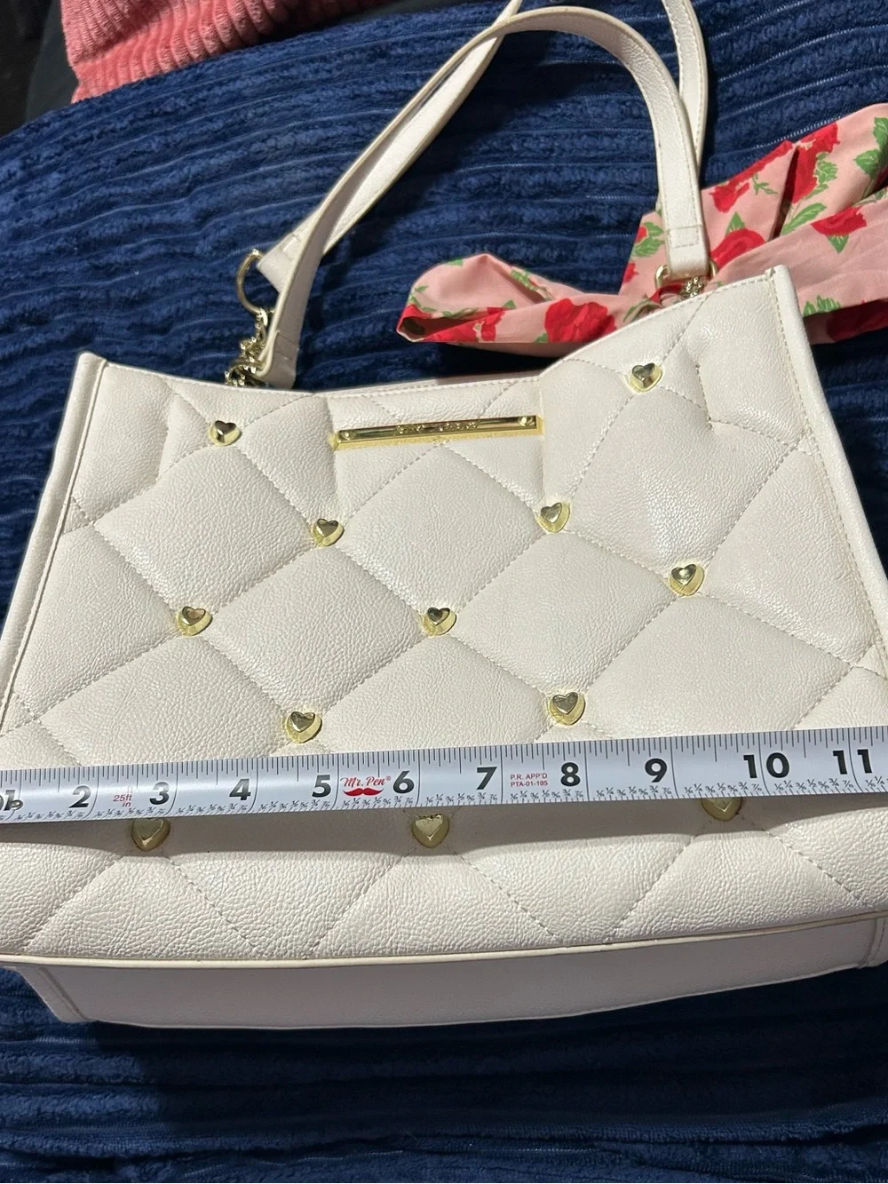 Betsey Johnson White Quilted Shoulder Bag with Pink Floral Scarf